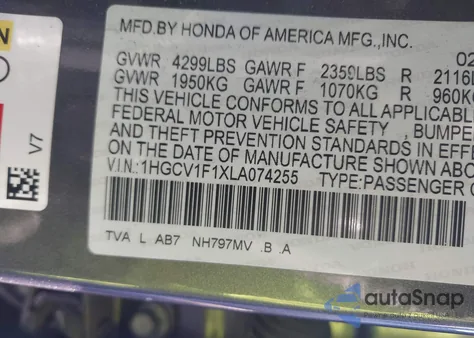 2020 Honda Accord Lx z USA, uszkodzony, nr VIN 1HGCV1F1XLA074255